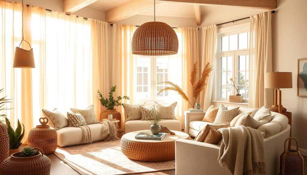 A cozy coastal boho living room bathed in warm, ambient lighting. Soft, diffused light filters through sheer, billowing curtains, casting a golden glow over natural fiber furnishings and earthy accents. A large, statement pendant light with a rattan or woven shade hangs centrally, complemented by sconces or floor lamps with linen or jute shades. Succulents, driftwood, and woven baskets add organic textures, while plush, patterned rugs and throws create a inviting, laid-back atmosphere. Sunlight streams in through large windows, illuminating the space and highlighting the room's neutral palette of whites, beiges, and muted greens. An overall sense of tranquility and comfort pervades the scene.