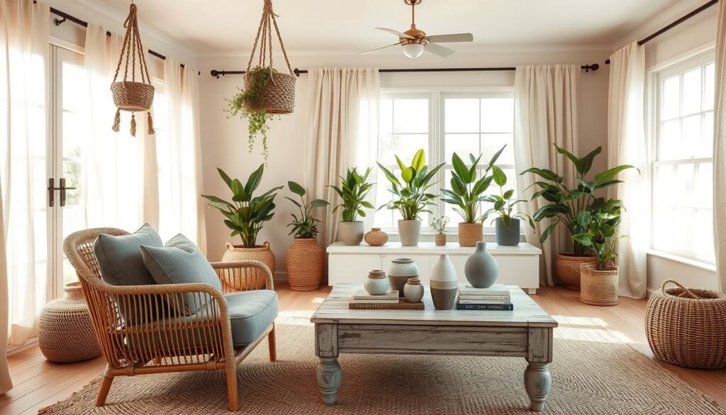 A cozy coastal living room filled with natural textures and organic shapes. In the foreground, a woven rattan armchair sits atop a plush jute rug, a plush gray throw pillow adding a touch of softness. Hanging from the ceiling, a woven macrame plant holder suspends a trailing succulent. In the middle ground, a distressed wood coffee table displays an assortment of ceramic trinkets, a stoneware vase, and a pile of artfully stacked books. Behind, large windows flood the space with warm, diffused natural light, framed by sheer linen curtains billowing gently. Lush, potted greenery line the windowsill, casting subtle shadows across the room. An atmosphere of relaxed, lived-in elegance pervades the scene.