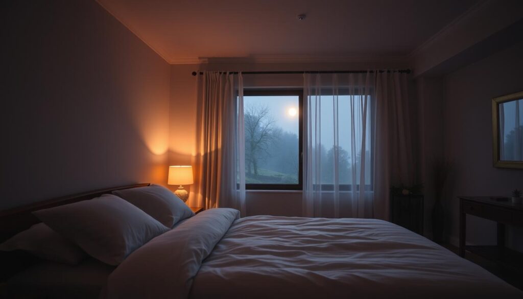 A cozy, dimly lit bedroom with soft, muted tones. In the foreground, a plush, king-size bed with crisp, white linens and fluffy pillows. Beside it, a wooden nightstand with a warm, glowing table lamp. In the middle ground, a large, open window framed by sheer, billowing curtains, offering a peaceful view of a tranquil, moonlit garden. The background is filled with soothing, neutral-toned walls and minimal decor, creating a serene and calming atmosphere. The lighting is soft and diffused, casting a warm, inviting glow throughout the space. The overall mood is one of relaxation, comfort, and a perfect sleep environment.