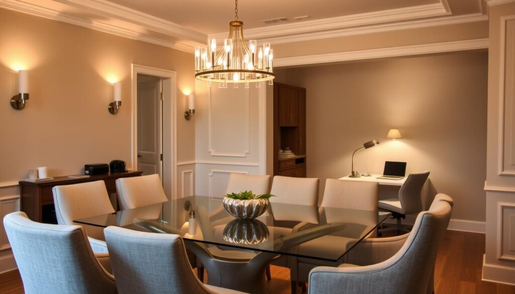 A cozy dining room with a modern glass-topped table surrounded by plush upholstered chairs. Overhead, a contemporary chandelier casts a warm, ambient glow, complemented by sconces on the walls. In the corner, a well-appointed home office setup features a sleek, minimalist desk and an ergonomic chair bathed in the soft illumination of a task lamp. The room exudes a harmonious blend of functionality and elegance, creating a refined and inviting atmosphere.