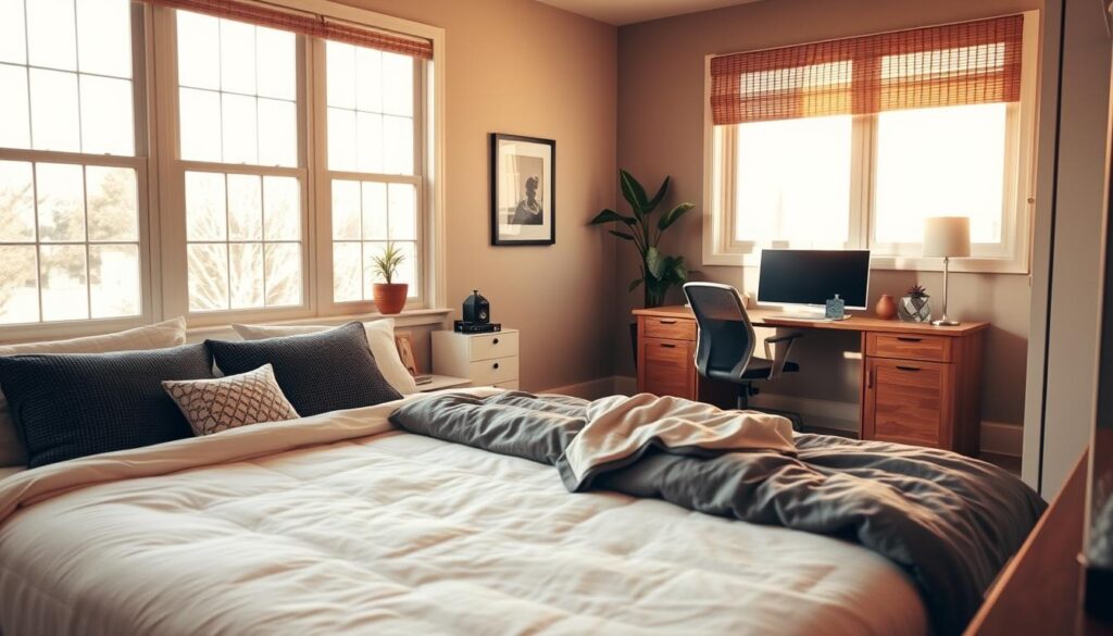 A cozy guest room transformed into a functional home office, flooded with warm natural light from large windows. A plush queen-sized bed adorned with soft bedding dominates the foreground, while a well-appointed desk and ergonomic chair occupy the middle ground. Tasteful decor, including a potted plant and a piece of artwork, lend an inviting atmosphere. The background features a neutral-toned accent wall, complemented by subtle textural elements like woven blinds. Overall, the space strikes a balance between comfort and productivity, creating a harmonious environment for both guests and remote work.