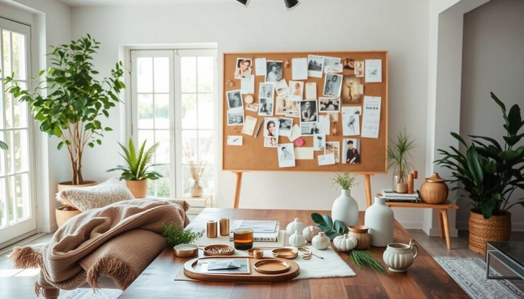 A cozy home decor mood board tutorial set in a bright, airy studio. In the foreground, an elegant wood table displays various design elements - plush textiles, metallic accents, lush greenery, and a variety of decorative objects. The middle ground features a large pinboard with inspirational magazine clippings, swatches, and hand-drawn sketches pinned neatly. In the background, a large window floods the space with warm, natural light, revealing a serene outdoor view. The overall atmosphere is one of creativity, calmness, and a touch of sophistication, guiding the viewer through the process of crafting the perfect home decor mood board.
