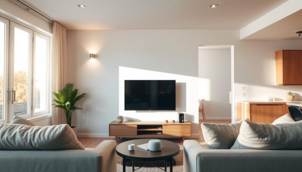 A cozy home interior with smart home devices seamlessly integrated on a budget. A sleek, minimalist living room with a wall-mounted TV, smart lighting fixtures, and a voice-controlled assistant device on a side table. The space is well-lit by natural sunlight filtering through large windows, creating a warm and inviting atmosphere. In the background, a simple, uncluttered kitchen with a smart appliance or two blends harmoniously with the overall aesthetic. The overall impression is one of effortless efficiency and modern, cost-effective home automation.