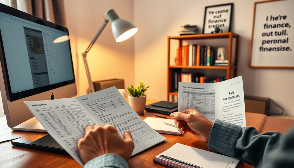 A cozy home office setting with a wooden desk, desktop computer, and neatly organized financial documents. Soft, warm lighting illuminates the scene, creating a sense of focus and productivity. In the foreground, a person's hands review bank statements and budgeting spreadsheets, meticulously keeping track of bills, income, and expenses. The middle ground features a modern lamp, a small potted plant, and a notepad with handwritten notes. The background showcases a bookshelf filled with personal finance books and a framed motivational quote on the wall, reinforcing the theme of financial responsibility and planning.