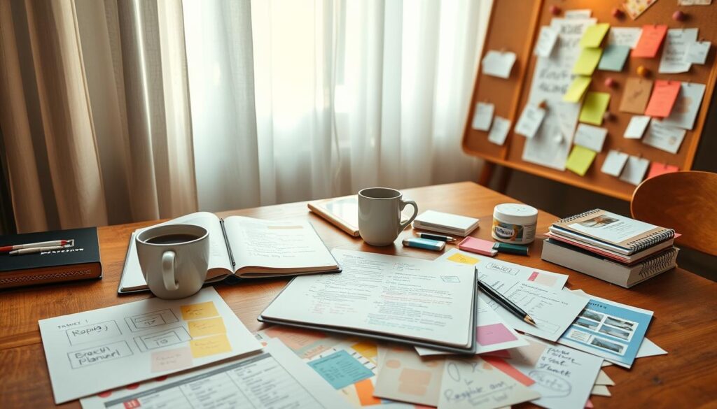 A cozy home office setup with an open notebook, a cup of coffee, and an assortment of colorful brunch planning notes, sketches, and recipe clippings spread out on a wooden table. Soft natural lighting filters through sheer curtains, casting a warm glow on the scene. In the background, a pin board displays handwritten checklists and sticky notes, hinting at the careful organization behind the brunch planning. The overall mood is one of casual creativity and productive contemplation, setting the stage for a thoughtfully curated gathering.