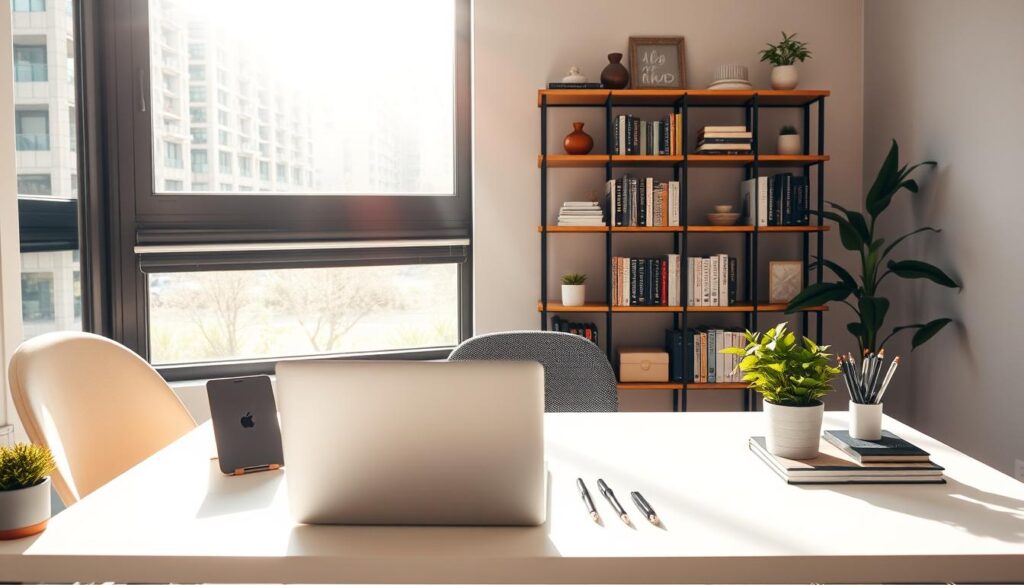 A cozy home office space with natural light streaming through large windows, casting a warm glow on the organized workspace. In the foreground, a clean, minimalist desk with a sleek laptop, a neatly arranged stationery set, and a potted plant adding a touch of greenery. The middle ground features a stylish bookshelf, filled with books and decorative accents, complementing the overall aesthetic. The background showcases a neutral-toned wall, creating a serene and focused environment for productivity and efficiency.