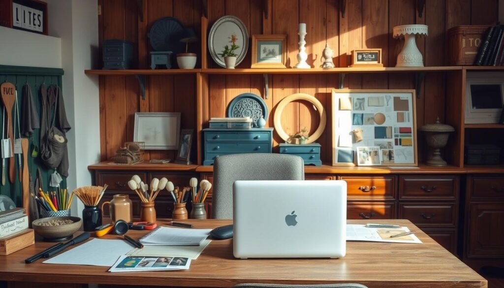 A cozy home office with a well-organized desk showcasing various furniture flipping tools and techniques. Wooden shelves in the background display refurbished decor pieces, each with a unique story. Warm, natural lighting casts a soft glow, highlighting the textured surfaces and vintage charm of the repurposed furniture. An inspirational mood board with color swatches, fabric samples, and sketches sits beside a laptop, reflecting the creative process of transforming old into new. The overall scene exudes a sense of productivity, resourcefulness, and the joy of breathinglife back into forgotten furniture.