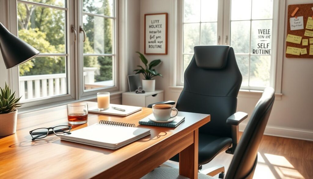 A cozy home office with natural light streaming through large windows. On a wooden desk, a planner, a notebook, and a cup of tea sit neatly arranged. A pair of reading glasses, a succulent plant, and a scented candle create a serene, mindful atmosphere. The walls are adorned with inspirational quotes and a cork board displaying motivational sticky notes. A comfortable, ergonomic chair invites the viewer to sit and plan their self-care routine. The overall scene conveys a sense of intentionality, focus, and personal well-being.