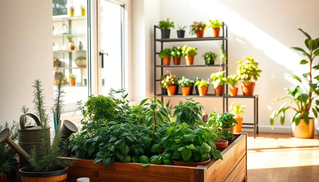 A cozy indoor herb garden, basking in warm, natural lighting that filters through large windows. In the foreground, a wooden planter box holds an assortment of lush, fragrant herbs - rosemary, thyme, basil, and mint. Terracotta pots, a watering can, and gardening tools are neatly arranged nearby. The middle ground features a sleek, minimalist shelving unit displaying additional potted herbs, complemented by a few decorative elements like copper planters and string lights. The background showcases a clean, airy space with white walls and a natural wood floor, creating a serene, inviting atmosphere for the indoor oasis.
