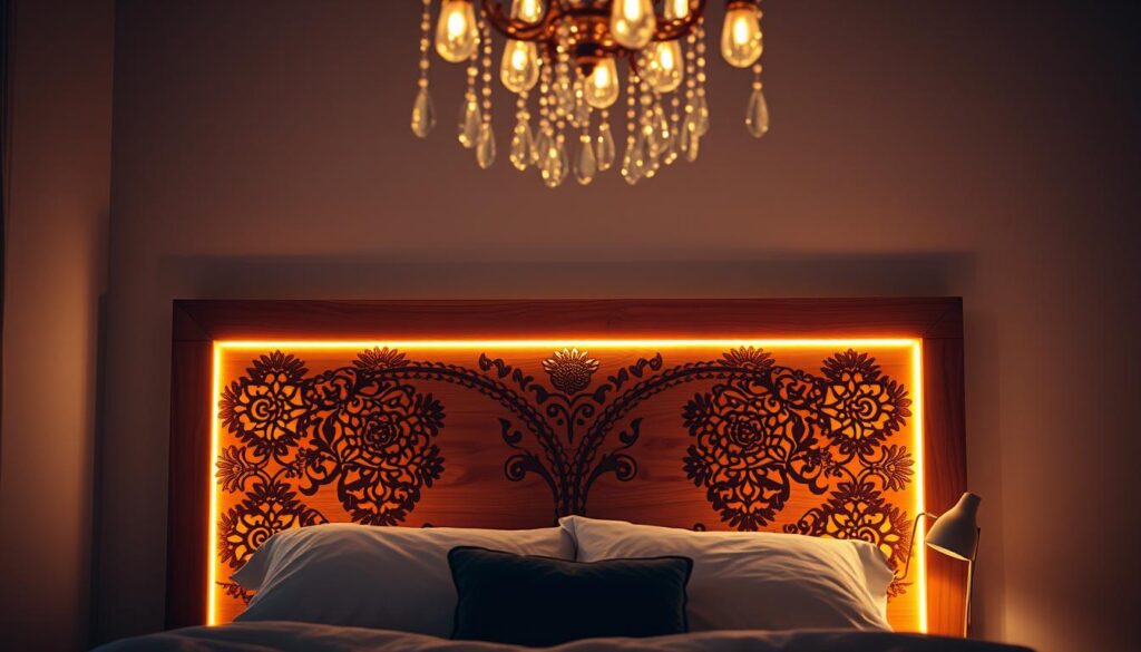 A cozy, intimate bedroom with a stunning DIY headboard featuring a captivating array of warm, ambient lighting. The headboard is constructed from natural wood, its surface adorned with intricate, hand-carved patterns that cast mesmerizing shadows across the walls. Strategically placed LED strips line the edges, their soft, diffused glow creating a inviting, relaxing atmosphere. Overhead, a delicate chandelier with cascading glass pendants further illuminates the space, its light dancing off the textured headboard. The camera captures this serene scene from a low angle, emphasizing the headboard's captivating design and the harmonious interplay of light and shadow.