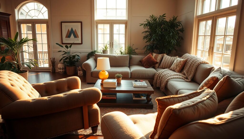A cozy, inviting living room filled with plush, comfortable furniture. In the foreground, a deep, overstuffed armchair with tufted upholstery and wooden accents, positioned next to a large, L-shaped sectional sofa draped with a soft, knitted throw. A low, wooden coffee table sits in the middle, topped with a stack of books and a warm, glowing lamp. Sunlight filters in through large windows, casting a warm, golden glow throughout the space. The walls are painted in a soothing, neutral tone, and a lush, potted plant adds a touch of greenery. The overall atmosphere is one of relaxation and tranquility, perfect for unwinding and de-stressing.