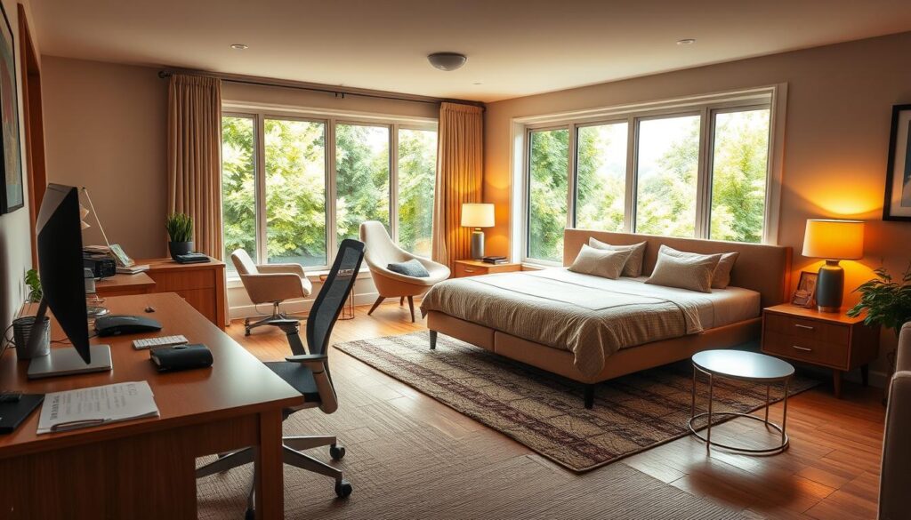 A cozy, inviting multipurpose room with a spacious layout and abundant natural light. In the foreground, a stylish desk setup with a modern computer, sleek office supplies, and a comfortable ergonomic chair. To the side, a plush lounge chair and side table create a relaxing reading nook. The middle ground features a convertible sofa that can transform into a guest bed, flanked by nightstands and lamps. The background showcases large windows overlooking a serene outdoor scene, filled with lush greenery. Warm, soft lighting filters through the space, creating a harmonious, productive, and welcoming atmosphere.