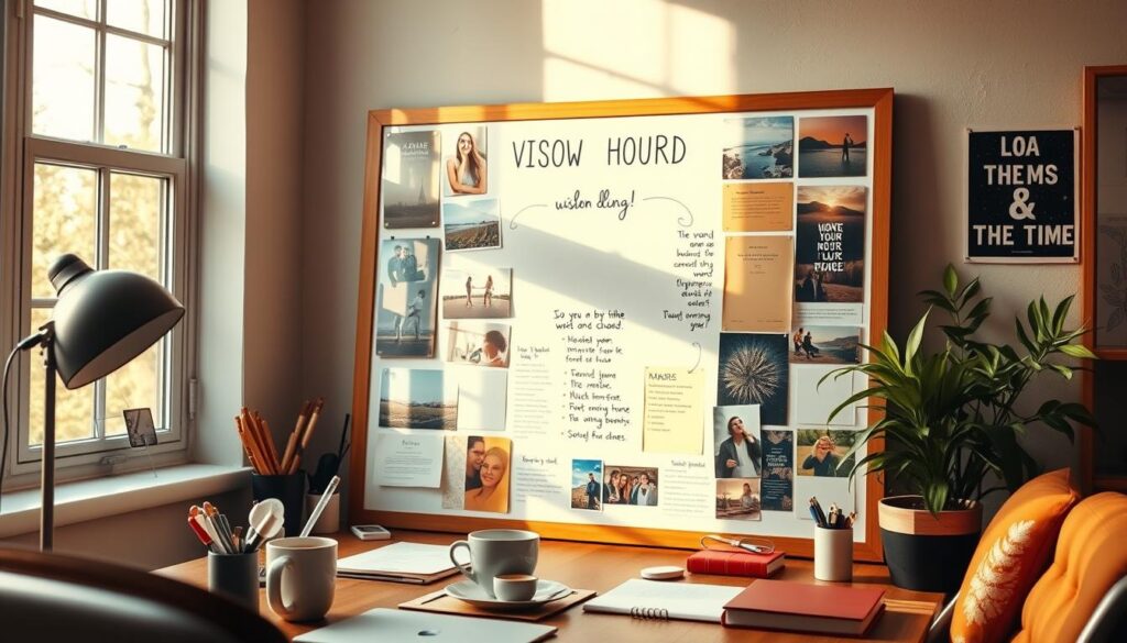 A cozy, inviting workspace with a large vision board taking center stage. Warm natural lighting filters in through a nearby window, casting a soft glow on the carefully curated collage of images, affirmations, and inspirational notes. The board is positioned at eye level, encouraging active engagement and daily reflection. Surrounding the vision board are various office supplies, a mug of steaming tea, and a plant adding a touch of greenery, creating an atmosphere of productivity and mindfulness. The overall scene radiates a sense of focus, intention, and the power of visualization to shape one's ideal home and life.