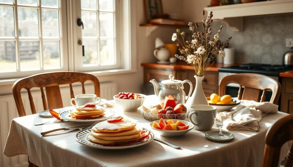 A cozy kitchen setting with an inviting table laid out for a delightful brunch. Sunlight streams through a large window, casting a warm glow over a spread of fluffy pancakes, crisp bacon, fresh fruit, and a steaming pot of coffee. Artfully arranged ceramics, linen napkins, and a vase of wildflowers add a touch of rustic elegance. The atmosphere is serene and welcoming, inviting you to linger and savor the flavors of a leisurely morning meal shared with friends or family.