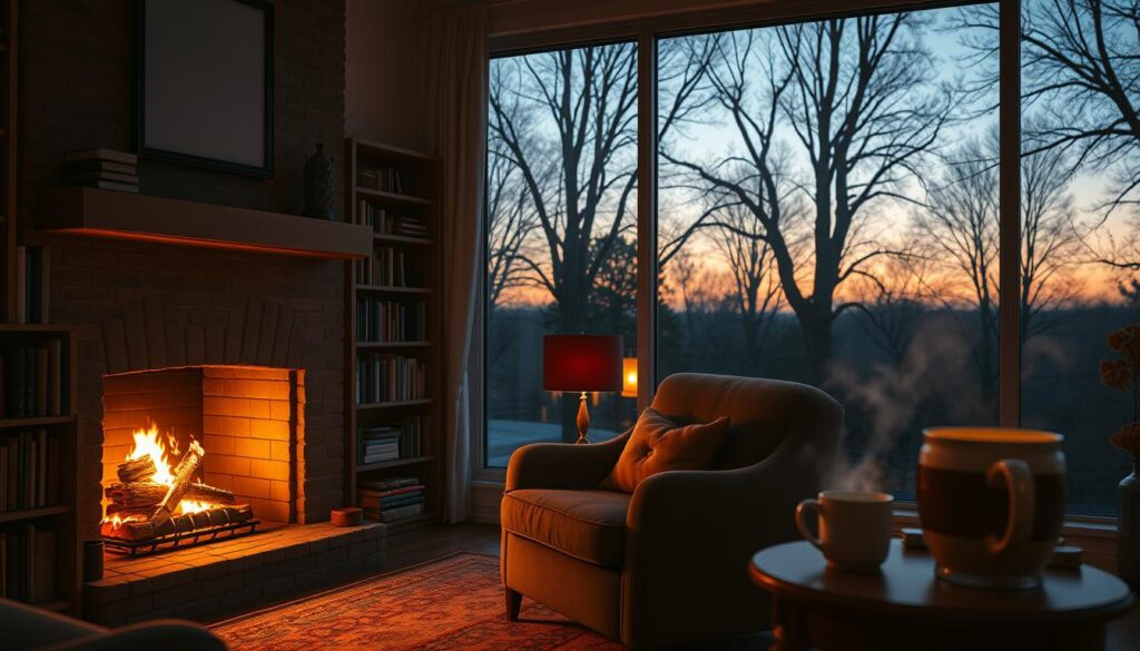 A cozy living room at dusk, the warm glow of a fireplace casting a soft light across the space. A plush armchair sits facing the crackling flames, a mug of steaming tea resting on a wooden side table. Bookshelves line the walls, their spines hinting at the stories within. Through a large window, the silhouettes of trees sway gently in the evening breeze, and the fading daylight paints the sky in hues of orange and pink. The room exudes a sense of tranquility and relaxation, inviting the viewer to unwind and embrace the peaceful evening routine.