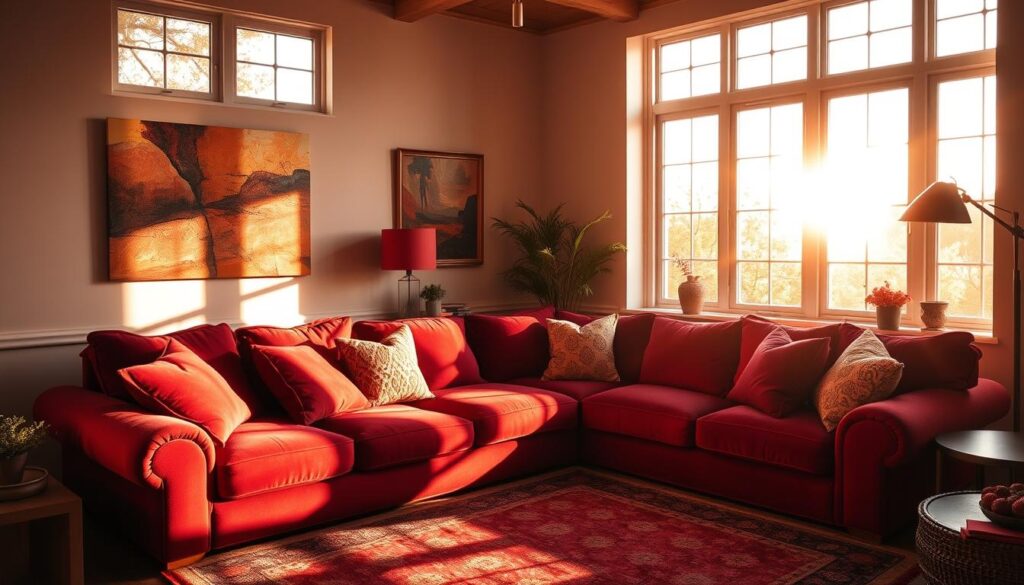 A cozy living room bathed in the warm glow of a setting sun, featuring a plush crimson sofa as the centerpiece. Sunlight streams through large windows, casting a soft, ambient light that highlights the rich texture of the upholstery. Accents of burgundy and scarlet are scattered throughout, from a vibrant throw pillow to a striking abstract painting on the wall. The room exudes a sense of inviting comfort and emotional resonance, perfectly capturing the captivating essence of warm colors in home decor.