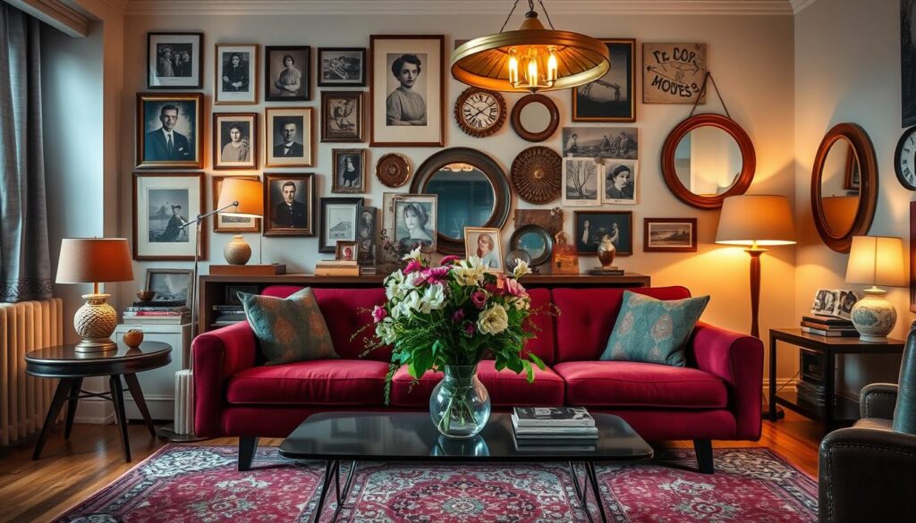 A cozy living room featuring a mix of vintage and modern decor elements. In the foreground, a mid-century modern sofa upholstered in a rich burgundy fabric sits atop a plush, patterned area rug. On the coffee table, a vintage glass vase holds a lush bouquet of fresh flowers. On the walls, an eclectic gallery wall showcases a mix of framed art prints, vintage photographs, and decorative mirrors. The lighting is a blend of warm, ambient floor lamps and a sleek, contemporary pendant chandelier that casts a soft, golden glow throughout the space. The overall atmosphere is one of refined elegance and timeless style.