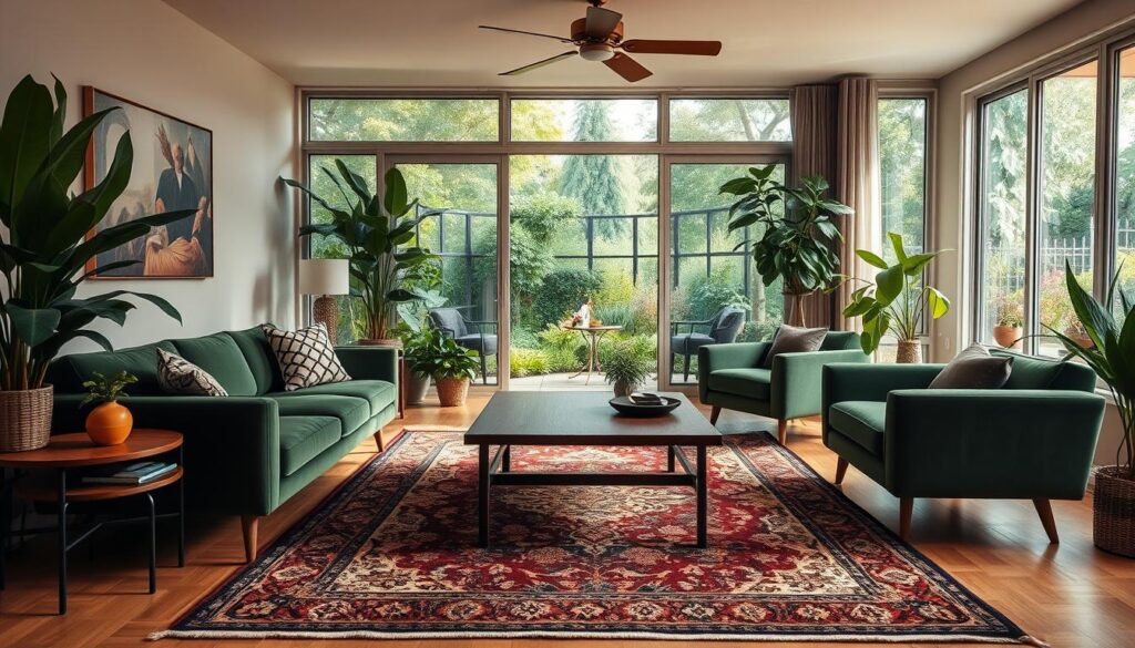 A cozy living room filled with mid-century modern furniture, warm lighting, and lush greenery. In the foreground, a plush velvet sofa in a deep green hue, paired with a sleek walnut coffee table and a pair of tufted armchairs. The middle ground features a large, ornate area rug in earthy tones, anchoring the room. In the background, floor-to-ceiling windows offer a glimpse of a vibrant garden outside, casting a soft, natural glow throughout the space. The overall atmosphere is one of refined elegance and inviting comfort, creating a perfect mood board for a dream home decor.