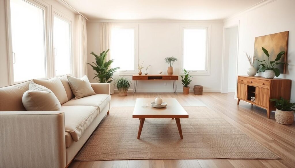 A cozy living room filled with neutral tones and natural textures. In the foreground, a plush beige sofa accented with soft, muted throw pillows. On the middle ground, a sleek wooden coffee table and a minimalist area rug in earthy shades. The background features large windows allowing warm, diffused natural light to bathe the space, complemented by subtle off-white walls. Carefully placed potted plants and a wooden console table add subtle pops of greenery, creating a harmonious, calming atmosphere. The overall aesthetic is one of understated elegance and timeless sophistication.
