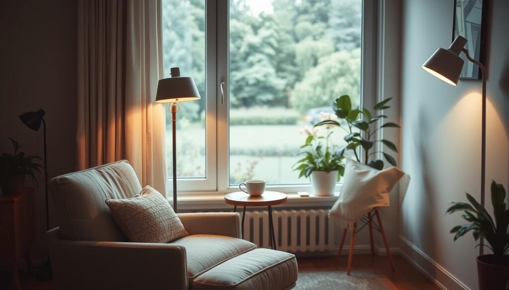 A cozy living room with a comfortable armchair, a small side table with a cup of tea, and a houseplant in the corner. Soft, diffused lighting from a floor lamp creates a warm, relaxing atmosphere. The room is uncluttered, with clean lines and natural textures, inviting the viewer to slow down, unwind, and savor the moment. In the background, a large window overlooks a tranquil garden, suggesting a peaceful and serene environment. The overall scene conveys a sense of mindfulness, simplicity, and the art of slow living.
