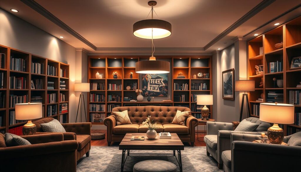 A cozy living room with a well-lit ambiance. The scene showcases a variety of lighting solutions, including a large pendant light hanging above a wooden coffee table, floor lamps casting a warm glow, and recessed ceiling lights illuminating the space. Bookshelves line the walls, and a plush, tufted sofa sits in the center, surrounded by plush armchairs. The room exudes a relaxing, inviting atmosphere, with soft textures and natural materials creating a harmonious and visually appealing environment.
