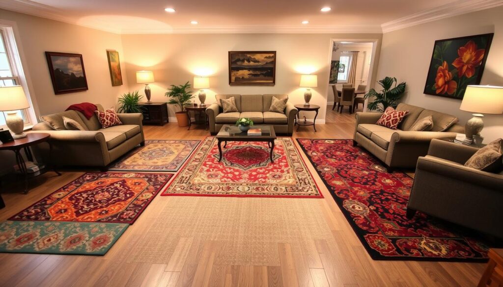 A cozy living room with an array of vibrant, boldly patterned area rugs defining distinct zones. The rugs are arranged in an inviting, intentional manner, with a large central rug anchoring the seating area and smaller rugs delineating the dining and reading nooks. Soft, warm lighting from floor lamps and recessed fixtures creates a welcoming ambiance. The room's neutral walls and furnishings allow the rugs to shine as the primary design elements, seamlessly dividing the open-concept space into functional, visually appealing sections.