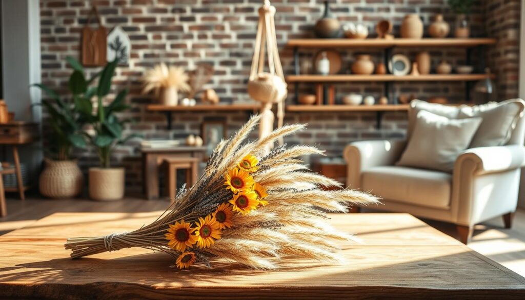 A cozy living room with natural, earthy tones. In the foreground, a wooden coffee table is adorned with a meticulously arranged bouquet of dried flowers, including delicate lavender, warm-hued sunflowers, and wispy pampas grass. The middle ground features a plush, neutral-colored armchair and a hanging macrame plant holder, casting gentle shadows. The background showcases a brick wall with shelves displaying various rustic, artisanal home decor pieces, bathed in soft, diffused lighting from a large window. The overall atmosphere evokes a sense of timeless, organic beauty and tranquility.