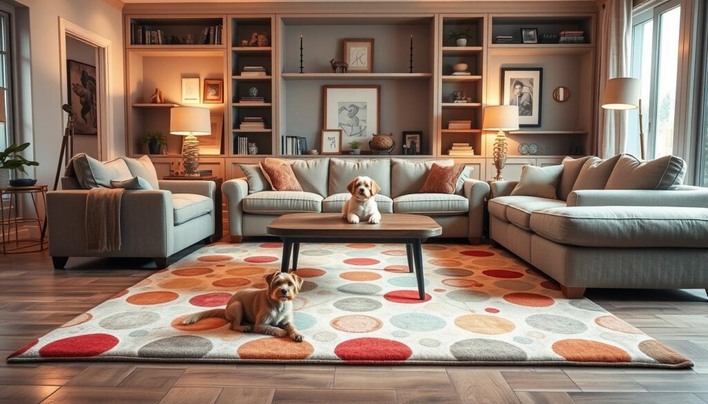 A cozy living room with pet-friendly furniture, featuring a plush sectional sofa with removable, machine-washable covers, and a sturdy, low-profile coffee table with rounded edges. In the middle ground, a large, durable area rug with a vibrant, playful pattern provides a soft, safe surface for pets to lounge. The room is bathed in warm, diffused lighting from a pair of mid-century modern floor lamps, creating a inviting, relaxed atmosphere. In the background, built-in bookshelves display an array of décor accents and framed artwork, complementing the room's neutral color palette. The overall scene conveys a harmonious blend of style and functionality, catering to the needs of both pets and their owners.
