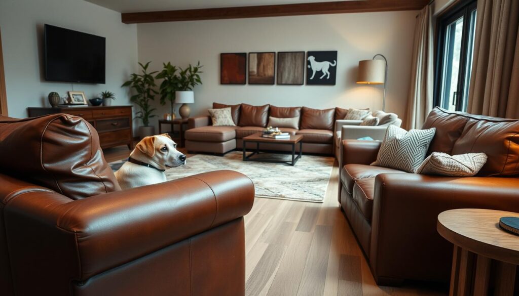 A cozy living room with plush, pet-friendly furniture. In the foreground, a sturdy leather sofa and armchair in a rich chestnut hue, their durable upholstery designed to withstand the occasional playful paw. Mid-frame, a modern, modular sectional in a soft, textured fabric, its low-profile design inviting pets to snuggle up. In the background, a stylish, stain-resistant area rug in an earthy, neutral palette, complementing the warm, natural tones throughout. Soft, indirect lighting casts a gentle glow, creating a welcoming, comfortable atmosphere perfect for both humans and their four-legged companions.