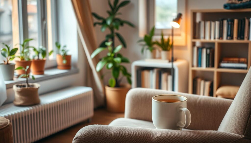 A cozy living room with soft, warm lighting and a calming atmosphere. In the foreground, a plush armchair and a cup of hot tea, representing relaxation and mindfulness. The middle ground features a plant-filled windowsill, symbolizing a connection to nature. In the background, a neatly organized bookshelf and a small meditation cushion, hinting at introspection and personal growth. The overall scene conveys a sense of tranquility and balance, inviting the viewer to embrace a restorative weekend reset routine.