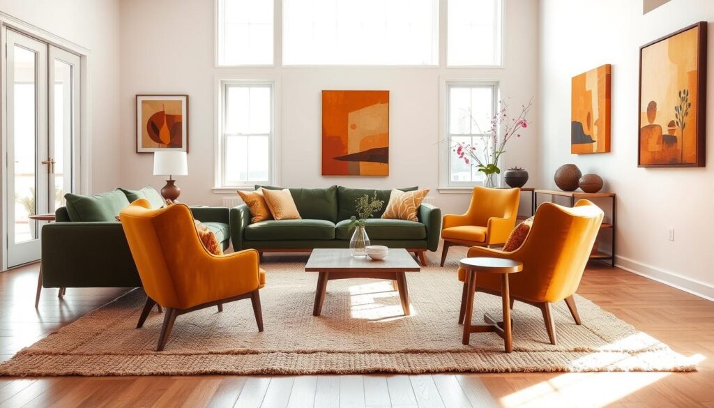 A cozy living room with warm, earthy tones that create a harmonious and inviting atmosphere. The room is bathed in soft, natural lighting from large windows, highlighting the rich textures of the furnishings. In the foreground, a plush, textured area rug grounds the space, complemented by a mid-century modern sofa in a deep, calming shade of green. Accent chairs in a complementary mustard yellow flank a sleek, wooden coffee table. On the walls, framed abstract art in hues of ochre and sienna add visual interest. The overall effect is one of balance, comfort, and a thoughtful application of color psychology to elevate the home's decor.