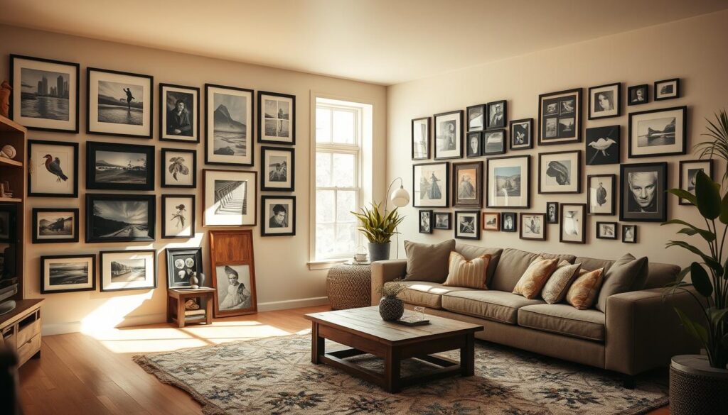 A cozy living room with warm, natural lighting streaming through large windows. On one wall, an artfully arranged gallery of framed photographs, paintings, and personal mementos that tell the story of the homeowner's life - cherished memories, travels, and passions. The frames are a mix of sleek black and rustic wood, creating a visually dynamic display. In the foreground, a plush area rug and wooden coffee table provide a comfortable setting for contemplation. The overall atmosphere is one of intimacy, creativity, and a sense of home.