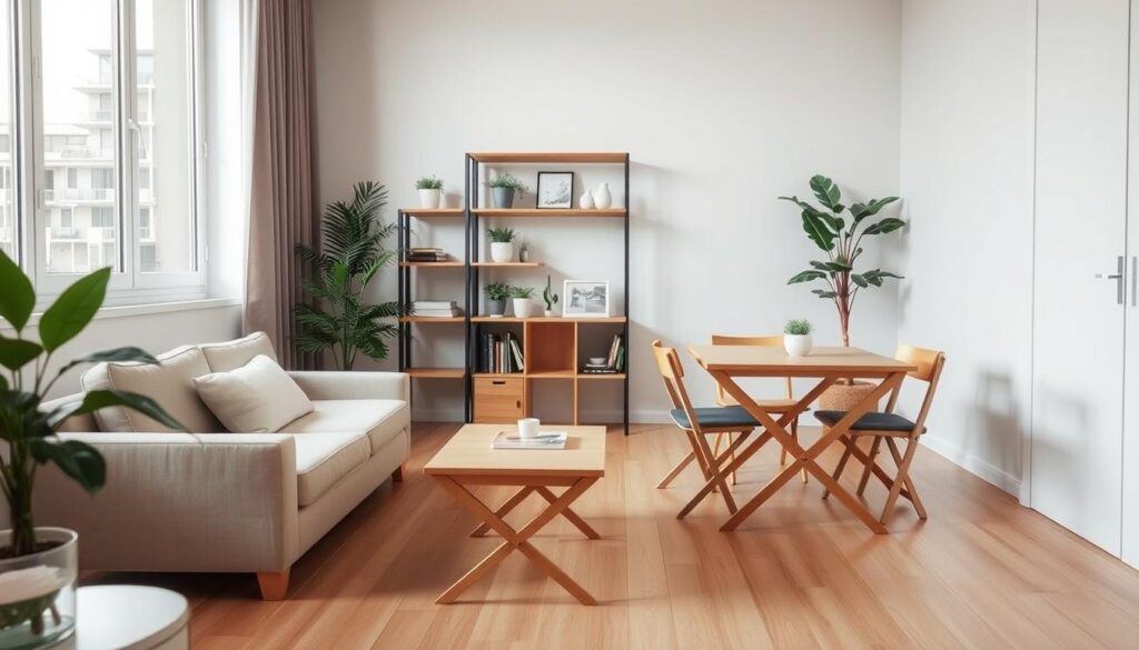 A cozy, minimalist living room with compact, multifunctional furniture pieces. A small-scale sofa with clean lines and built-in storage occupies the foreground, complemented by a foldable coffee table that can be used as a dining surface. In the middle ground, a compact shelving unit displays decorative accents and potted plants, creating a sense of vertical space. The background features a large window, allowing natural light to flood the room and create a bright, airy atmosphere. The scene conveys a harmonious, space-efficient design aesthetic suitable for small urban apartments.