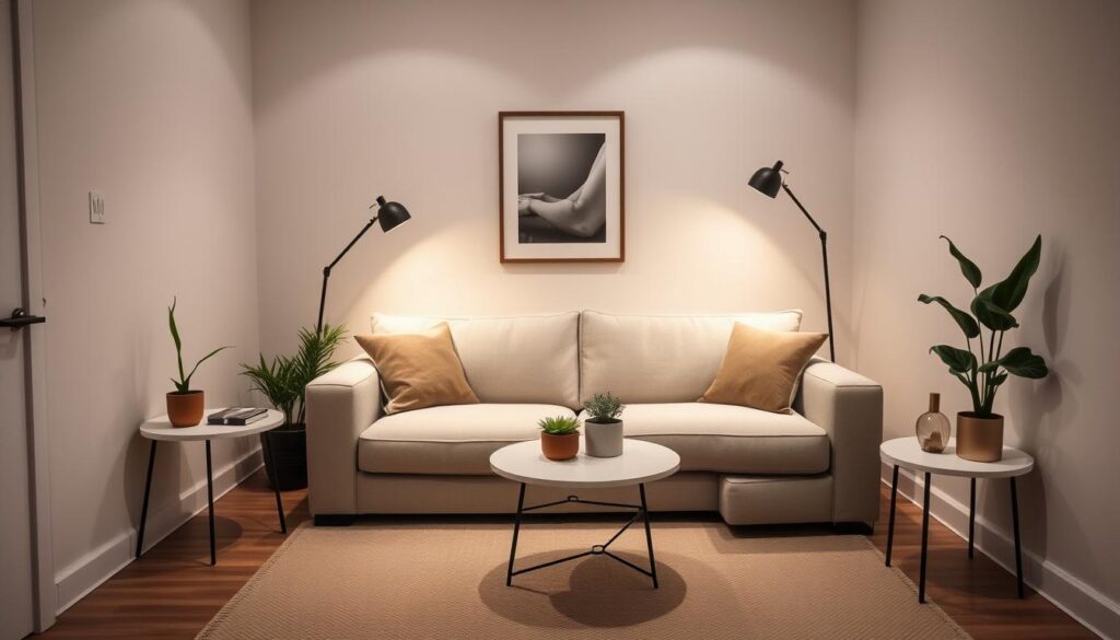 A cozy, minimalist living room with modern decor elements. Soft, indirect lighting illuminates a small space, creating a warm and inviting atmosphere. A large, comfy sofa in a neutral color takes center stage, flanked by sleek, space-saving side tables. Tasteful wall art, potted plants, and a small, round coffee table complete the stylish yet practical arrangement. The room's layout maximizes the available space, showcasing clever storage solutions and a sense of openness. Muted tones, clean lines, and carefully curated accessories give the space a refined, uncluttered feel.