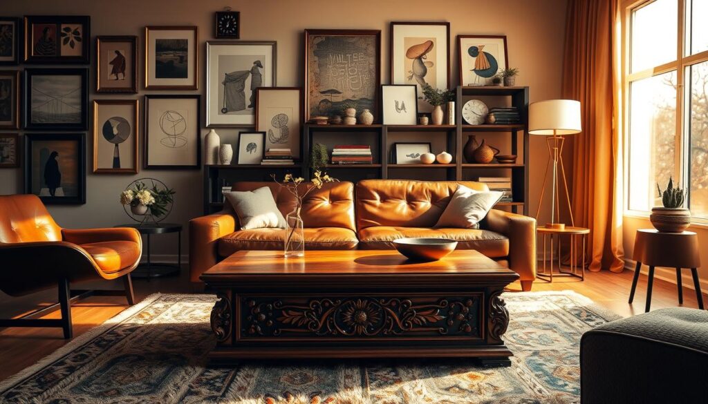 A cozy modern living room, bathed in warm golden light from a large window. In the foreground, a vintage wooden coffee table with intricate carvings stands atop a plush area rug, contrasting with the sleek leather sofa and minimalist side tables. On the walls, a collection of antique frames hang alongside modern abstract art prints, creating a harmonious blend of old and new. The bookshelf in the background mixes classic hardcovers with modern ceramic vases and trendy succulents, while a vintage floor lamp casts a soft glow over the entire scene. The overall atmosphere evokes a sense of timeless elegance and thoughtful juxtaposition.