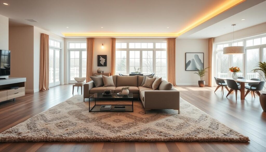 A cozy open-plan living room with a plush area rug delineating the seating area. Warm, diffused lighting illuminates the space, casting a soft glow. A large, inviting sectional sofa sits atop the rug, surrounded by minimalist furniture and decor. Expansive windows allow natural light to flood in, creating a bright and airy ambiance. The rug's pattern and color scheme subtly anchor the zone, visually separating it from the adjacent dining area without obstructing the overall openness. A blend of modern and rustic elements lend a refined, yet comfortable aesthetic.