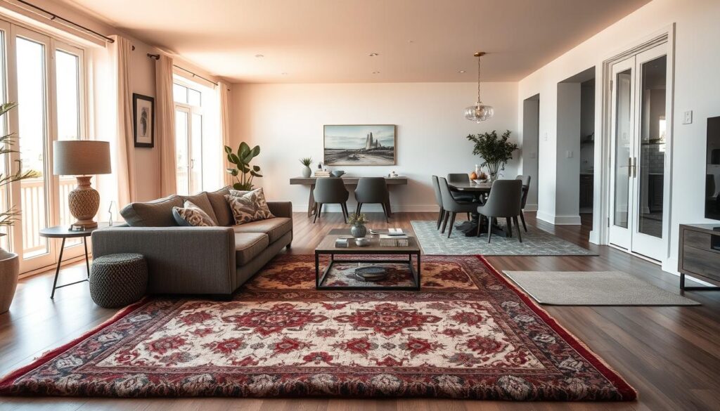 A cozy open-plan living space, bathed in warm, natural lighting that filters through large windows. In the foreground, a plush, patterned area rug defines a conversation nook, its rich hues and soft textures creating a welcoming, intimate atmosphere. Nearby, a second rug delineates a dining area, its neutral tones and geometric design subtly separating the space while maintaining an airy, cohesive flow. Tasteful furnishings and decor elements complement the rugs, seamlessly blending function and style. The overall scene conveys a harmonious, well-designed open-plan home, where rugs serve as versatile tools for zoning and defining distinct living zones.