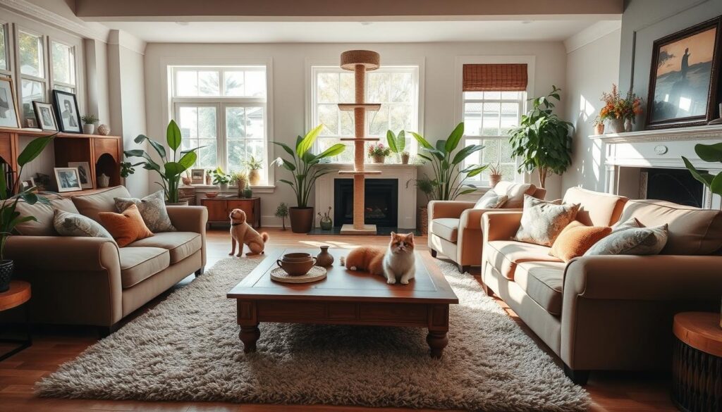 A cozy, pet-friendly living room filled with natural light streaming through large windows. In the foreground, a low, sturdy coffee table with soft, rounded edges, designed to withstand playful paws. Plush, stain-resistant sofas and armchairs in earthy tones invite relaxation, with durable, easy-to-clean fabrics. Decorative throw pillows and a fluffy area rug add comfort and texture. In the middle ground, built-in shelves display framed family photos alongside sturdy, chew-proof pet toys. A large, floor-to-ceiling cat tree stands as the focal point, providing elevated perches for feline exploration. The background features lush, pet-safe houseplants and an elegant, low-maintenance fireplace, creating a cozy, inviting atmosphere.