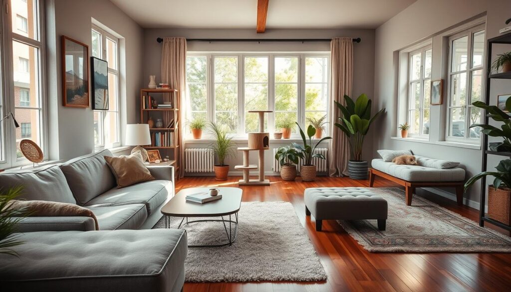 A cozy, pet-friendly living room with natural light streaming through large windows. The foreground features a plush, stain-resistant sofa and a low coffee table with rounded edges, both designed with furry companions in mind. In the middle ground, a modern, modular cat tree stands tall, blending seamlessly with the decor. Soft, textured area rugs cover the hardwood floors, providing a comfortable surface for pets to lounge. Bookshelves line the walls, accented by framed artwork and decorative items that are placed out of reach of curious paws. The background showcases lush, pet-safe houseplants and a large, window-facing pet bed for your four-legged friend to nap in the sunshine. The overall atmosphere is warm, inviting, and thoughtfully crafted to cater to both human and animal residents.