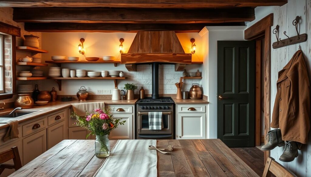 A cozy rustic farmhouse kitchen with exposed wooden beams, a farmhouse sink, and a wood-burning stove as the focal point. Warm lighting from antique brass sconces casts a golden glow across the space. Distressed white cabinets and open shelving display a collection of vintage ceramic dishes and copper pots. In the foreground, a weathered wooden table is set with a simple linen runner and a vase of wildflowers. Muddy boots and a worn leather jacket hang on antique wall hooks near the back door, hinting at the hard work and outdoor adventures of the home's residents. The overall atmosphere is one of rustic charm, homespun comfort, and lived-in character.