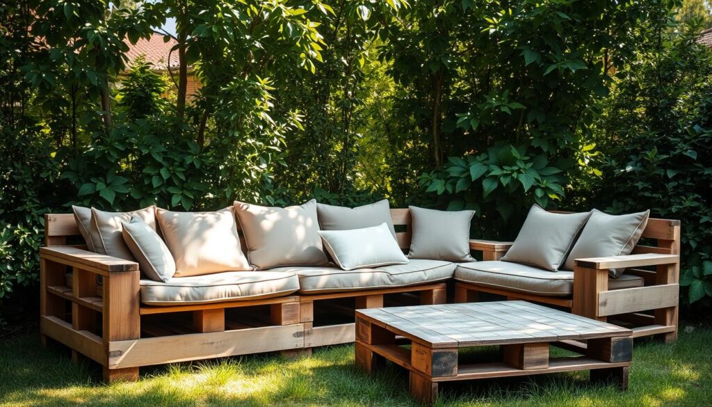 A cozy, rustic outdoor pallet sofa set against a lush, verdant garden backdrop. The sofa's sturdy wooden frame is complemented by plush, weathered cushions, inviting relaxation. Dappled sunlight filters through the surrounding foliage, casting a warm, natural glow. The arrangement is strategically positioned to capture the perfect balance of comfort and ambiance, ideal for leisurely outdoor lounging. A weathered wooden coffee table completes the scene, hinting at the DIY nature of the setup. The overall composition exudes a sense of tranquility and effortless, outdoor living.