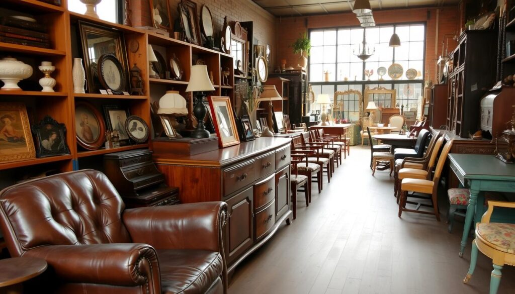 A cozy secondhand furniture store, the shelves stocked with an eclectic mix of vintage treasures. In the foreground, a worn leather armchair sits alongside a mid-century sideboard, its drawers inviting exploration. Natural light filters in through large windows, casting a warm glow on the weathered wood and faded upholstery. In the middle ground, a collection of antique lamps and ornate picture frames beckon, hinting at the hidden potential within. The background reveals an array of mismatched chairs, end tables, and desks, each with its own unique character, waiting to be discovered and brought back to life through the art of furniture flipping.