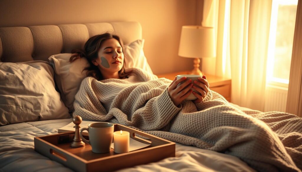A cozy, softly lit bedroom scene with a young woman relaxing on a plush bed, wrapped in a soft, oversized sweater. On the bedside table, a tray holds a steaming mug of tea, a book, and a few scented candles flickering. Warm, golden light filters through the sheer curtains, casting a gentle glow over the peaceful, intimate setting. In the foreground, the woman's hands are holding a face mask, her expression one of tranquil self-indulgence. The overall mood is one of comfort, indulgence, and intentional self-care.