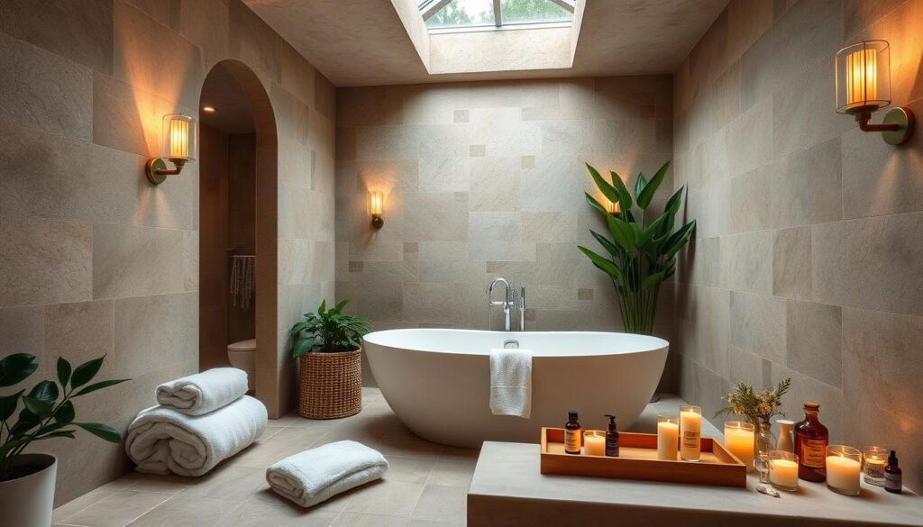 A cozy, spa-like bathroom with natural stone tiles, a large freestanding bathtub, and lush greenery. Soft, indirect lighting from wall sconces and a skylight creates a warm, serene ambiance. Plush white towels, a wooden bath caddy, and an assortment of scented candles and essential oils complete the relaxing atmosphere. The focus is on creating a peaceful, rejuvenating sanctuary away from the stresses of everyday life.