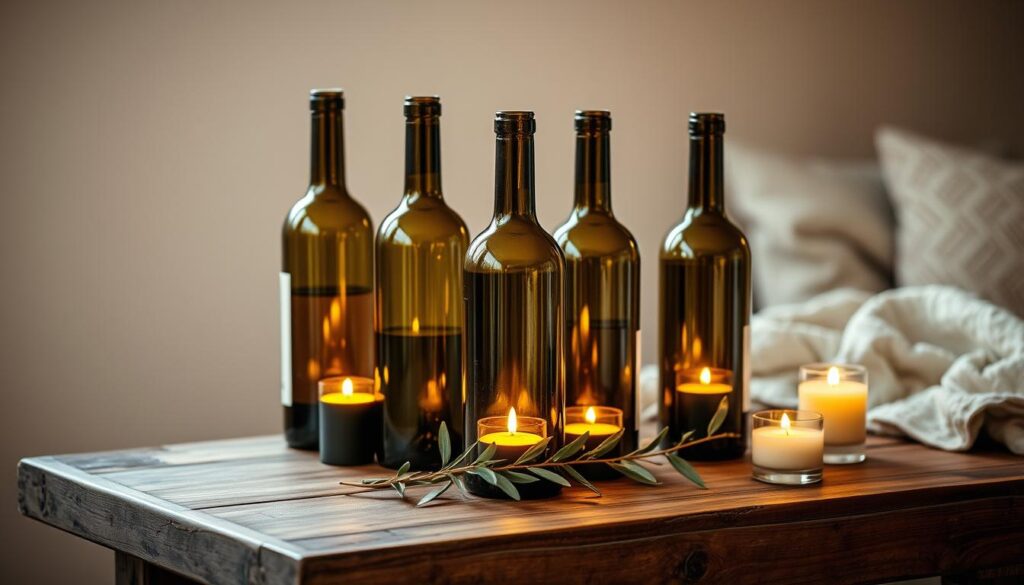 A cozy still life showcasing repurposed wine bottles transformed into chic DIY candle holders. The bottles are arranged on a rustic wooden surface, their smooth glass gently reflecting the warm glow of the flickering flames. Soft lighting casts a comforting ambiance, as if captured in the intimate setting of a cozy living room. Earthy tones and natural textures create a sense of organic elegance, perfectly complementing the simple yet stylish design of the recycled candle holders. A touch of greenery, such as sprigs of eucalyptus or olive branches, adds a fresh, natural accent to the scene.