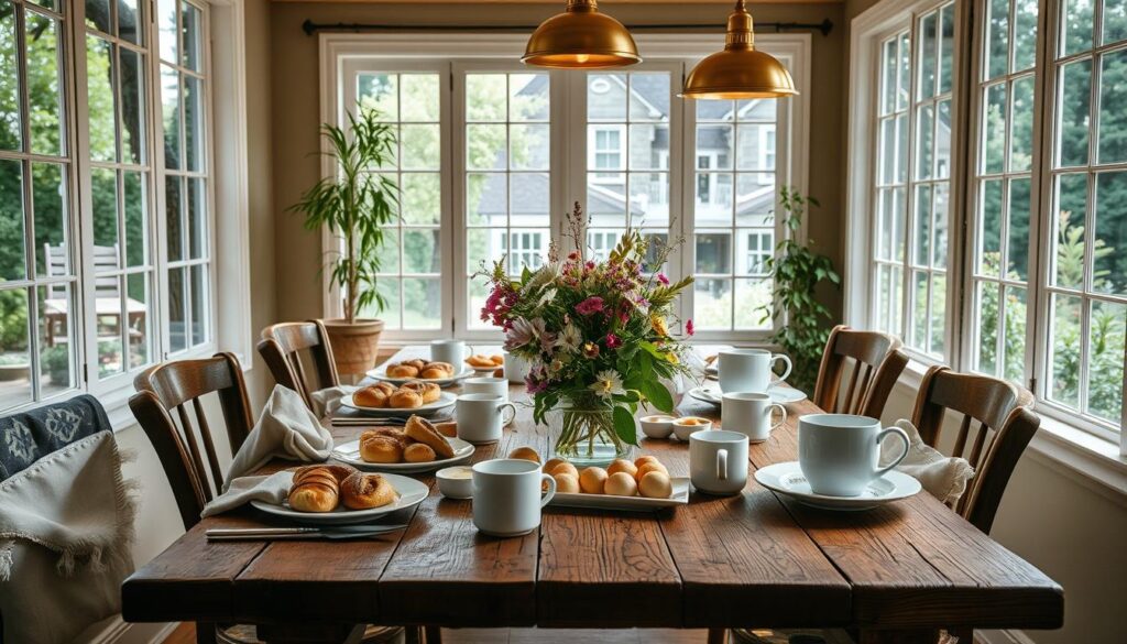 A cozy, sun-dappled dining room with a rustic wooden table set for a leisurely brunch. Warm brass light fixtures cast a soft glow, illuminating the spread of fresh pastries, fruit, and steaming mugs of coffee. Plush linen napkins and vintage dishware add a touch of elegance, while a bouquet of fragrant flowers in the center adds a natural, earthy charm. Large windows overlooking a lush garden allow natural light to pour in, creating a serene, inviting atmosphere perfect for an intimate gathering of friends or family.