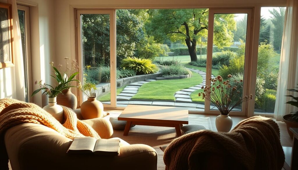 A cozy, sun-dappled living room with a large window overlooking a lush, verdant garden. Soft, natural light filters in, casting a warm, serene glow. In the foreground, a plush, overstuffed armchair invites relaxation, adorned with handmade knitted blankets and a worn, leather-bound book. On a nearby side table, a simple ceramic vase holds a bouquet of freshly picked wildflowers. The middle ground features a minimalist wooden coffee table, surrounded by floor cushions, encouraging leisurely conversation. In the background, the garden beyond the window is a tapestry of verdant foliage, with a winding stone path leading to a secluded seating area under a canopy of trees. An atmosphere of tranquility and mindfulness pervades the scene.