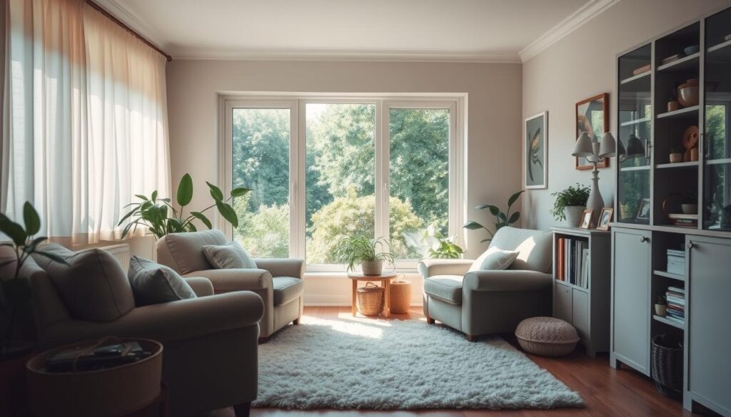 A cozy, sun-dappled living room with plush armchairs, a fluffy area rug, and a large window overlooking a lush, verdant garden. Soft, natural lighting filters in, creating a warm, calming atmosphere. Decorative elements like potted plants, a bookshelf, and a few small figurines add personal touches, evoking a sense of tranquility and refuge. The overall scene exudes a serene, restorative ambiance, inviting the viewer to sink into the space and find respite from the outside world.