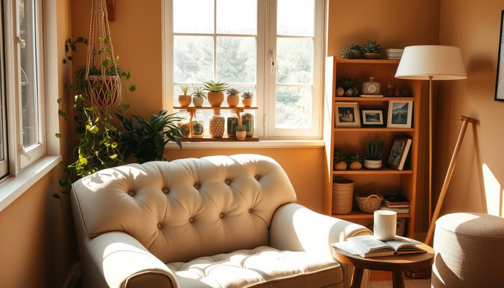 A cozy, sun-drenched DIY relaxation corner in a warm, earthy-toned room. The focal point is a plush, oversized armchair with tufted upholstery in a neutral palette, nestled in a cozy nook beneath a large window. Lush, trailing plants in macrame hangers flank the chair, casting soft shadows. A small side table holds a scented candle, a stoneware mug, and a well-worn book. In the background, a wooden bookshelf displays an array of succulents, crystals, and framed nature photography. Soft, diffused lighting from a standing lamp creates a tranquil, restorative ambiance. The overall scene evokes a sense of simple, minimalist self-care in a harmonious, nature-inspired setting.