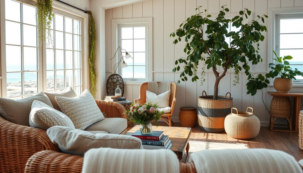 A cozy, sun-drenched boho coastal living room with natural fiber furniture and lush, trailing greenery. In the foreground, a rattan loveseat with plush, textured cushions invites relaxation. Behind it, a low, weathered wood coffee table is topped with a vase of fresh flowers and stacks of coastal-themed books. In the middle ground, a bohemian-inspired accent chair with a macrame seat cushion sits beside a fiddle-leaf fig tree in a woven basket planter. The background features whitewashed wood paneling, large windows overlooking a seaside vista, and warm, diffused lighting that casts a soft, golden glow throughout the space.